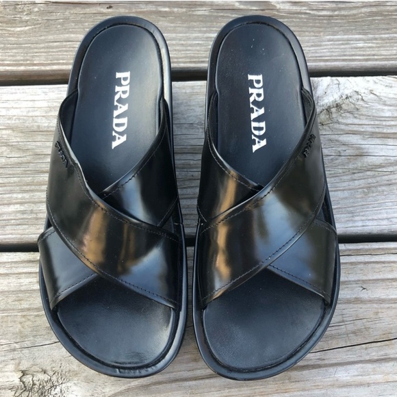 Prada Black Leather Platform Slides Y2K wavy sole 37.5 - Picture 4 of 7